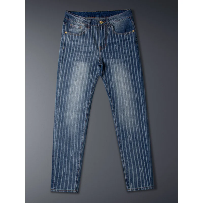 2025 New Men's Jeans Summer Thin Fashion Gentleman Stripe Printed Slim fit Small Foot Casual Pants