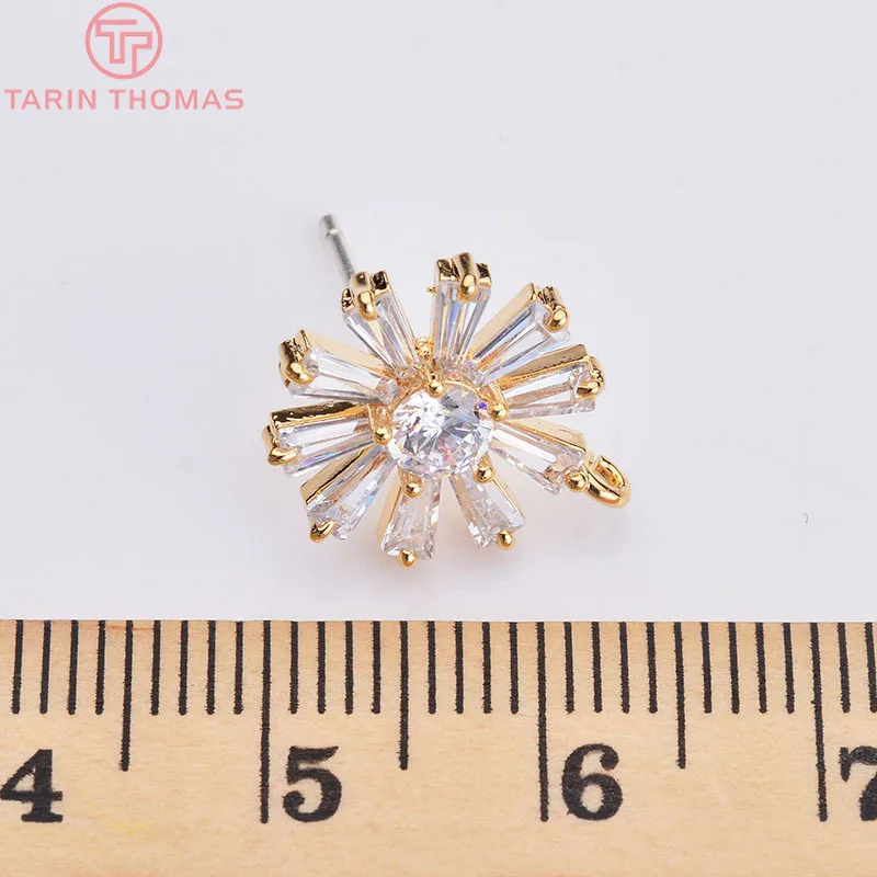 (2529)4PCS 12x15MM 24K Gold Color Brass with Zircon Flower Stud Earrings High Quality Diy Jewelry Findings Accessories