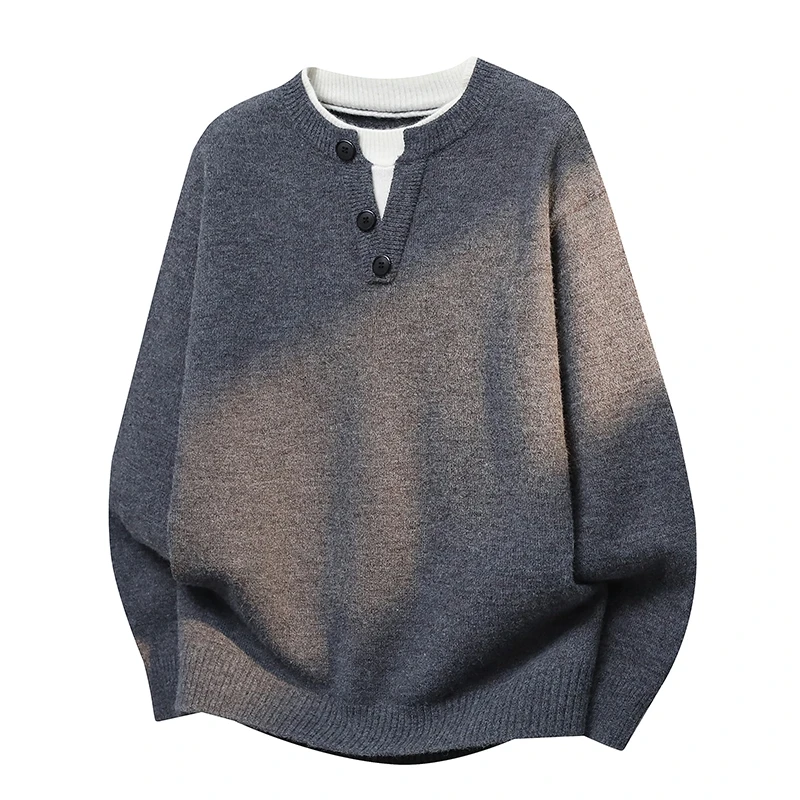 

Мужской винтажный повседневный свободный вязаный свитер с воротником хенли из мягкого полиэфирного волокна, с длинными рукавами, теплый, комфортный, осенне-зимний, новинка