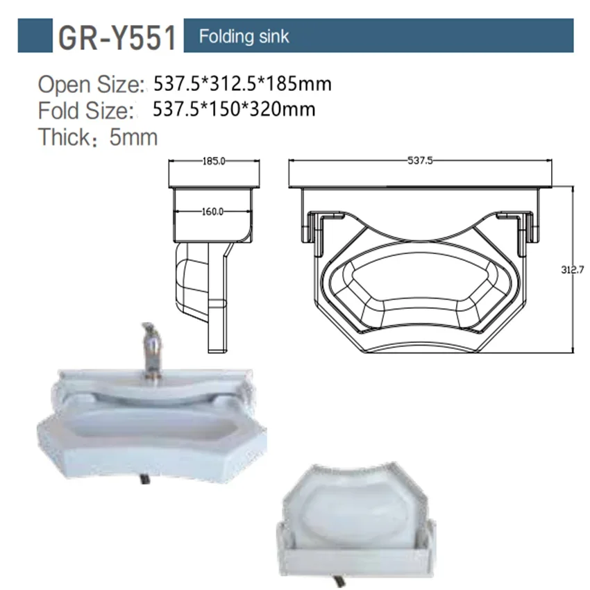 Folding White Acrylic Hand Wash Sink Basin 537.5*312.5*185mm Caravan RV Of GR-Y551