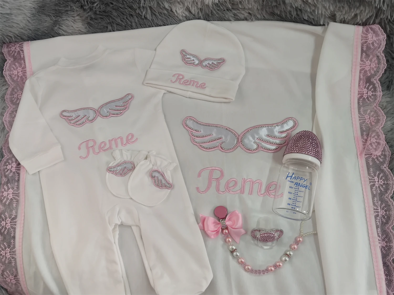 6PCS Personalized Angel Wing Newborn Layette Set Premium Pink Lace Baby Outfit + Custom Name Embroidered