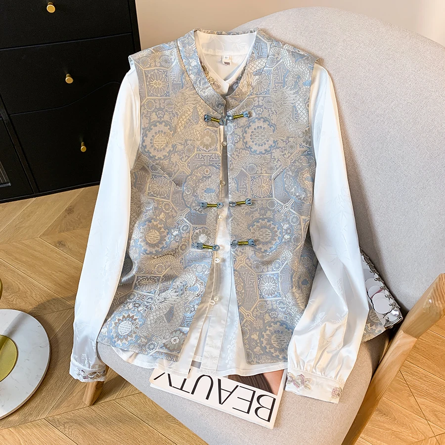 New 2026 Autumn Chinese Style Embroidered Top Silk Satin Stand Collar Handmade Button Floral Pattern Ladylike Gentle Vest