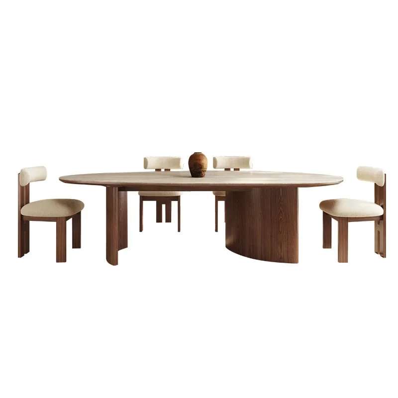 

YJQ medieval style water drop-shaped travertine rock slab dining table black walnut solid wood home retro tables and chairs