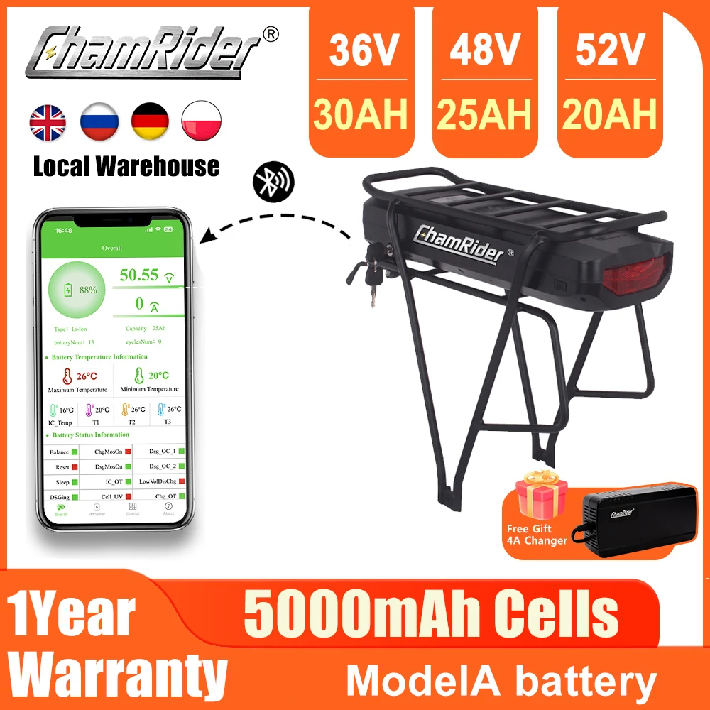 

ChamRider Rear Rack Battery 48V 52V Electric Bike Battery 36V 21700 Cell 50A BMS MTB Lithium Battery Powerful Capacity