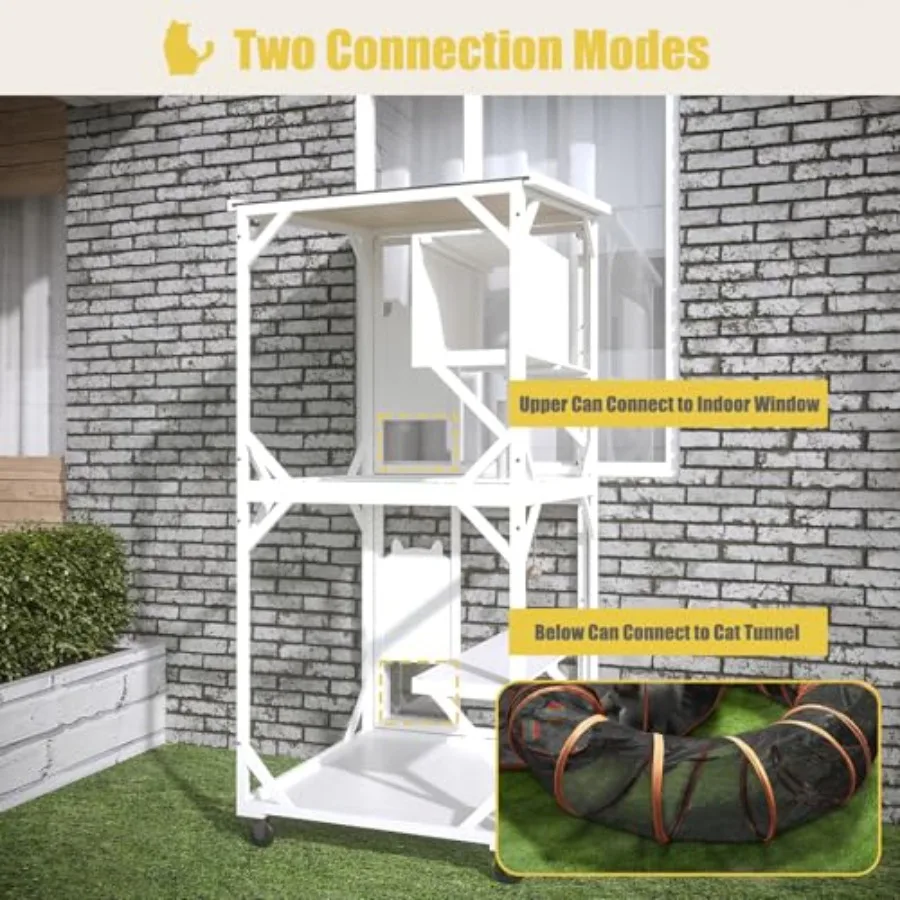 حاوية Catio للقطط الخارجية مع سقف 71 ارتفاع قفص خشبي كبير للقطط مع 3 منصات للقفز ومنزل قيلولة واحد لتعزيز #5