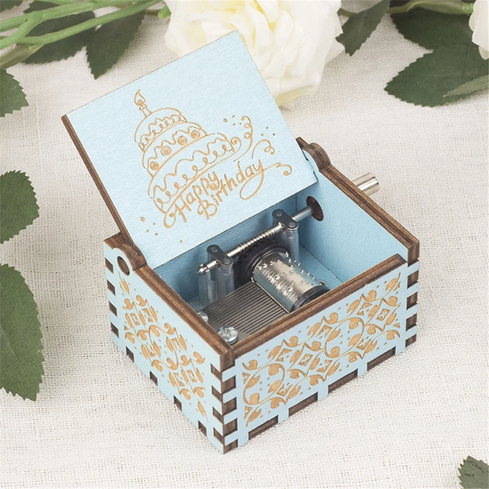 Happy Birthday To You Song Music Box Mini Carved Wooden Hand Cranked Musical Box 18 Tones Birthday Gifts For Children Girlfriend