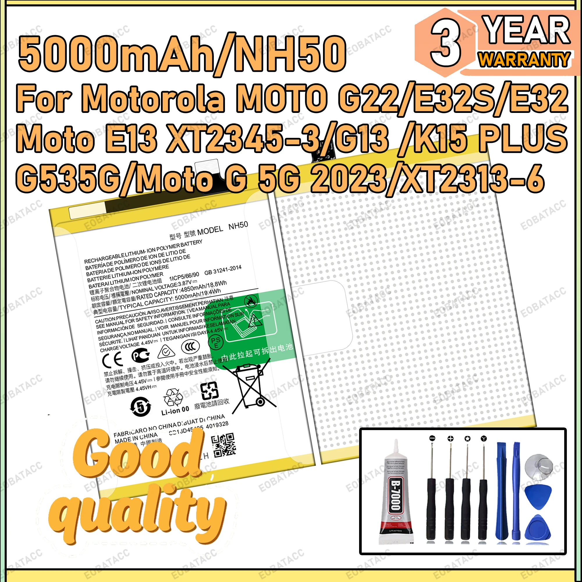 

100% New Zero Cycle NH50 Battery For Motorola MOTO G22/E32S/E32/E13/G13/K15 Plus/G535G/G 2023 Bateria Battery+Free Tools