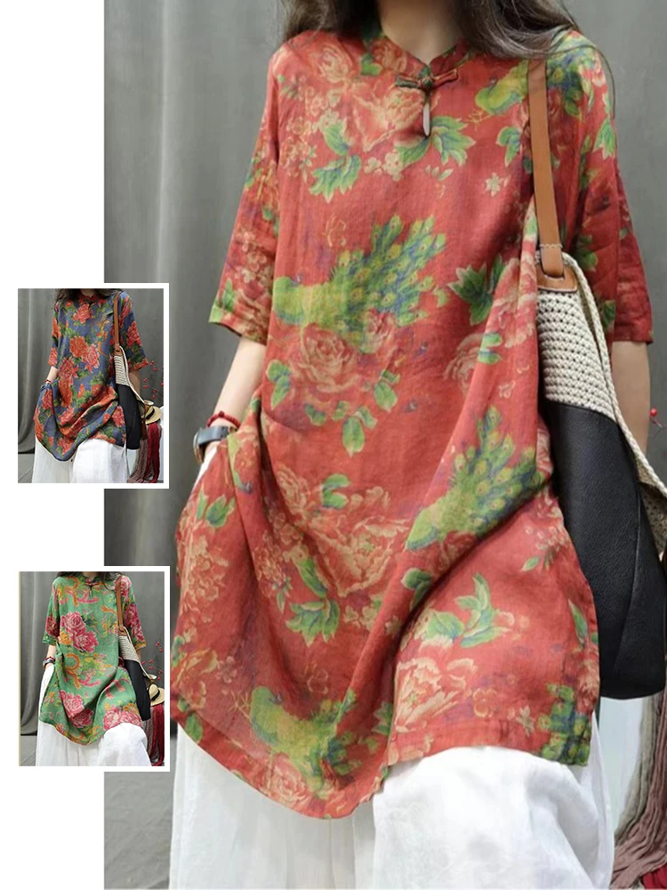 

Loose Fit Floral Print T irt Large Size Women's Clothing Cotton Linen Blend Mid-Length Button-Up Casual Summer Top