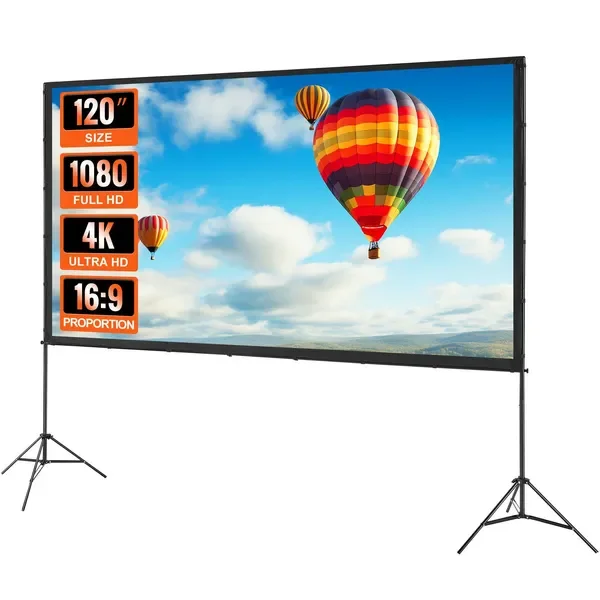 

120 inch 16:9 4K HD Outdoor Movie Screen with Stand, Wrinkle-Free, Tripods, Carry Bag, Home Theater Cinema
