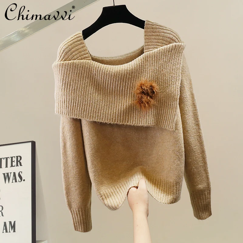 

Fashion Square Neck Sweater for Women, New Autumn and Winter Fashion Long Sleeve Atmospheric Warm Knitted Pullover Top