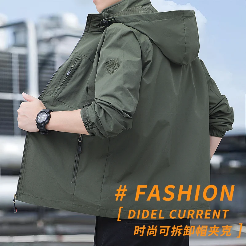 

High Quality Men's Outdoor Windbreakers Spring Autumn Men's Full Zip Up Hooded Jacket New Fashionable Embroidery Design Jacket