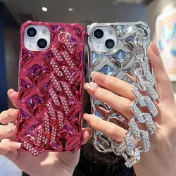 Fashion Branded 3D Grid Plating Phone Case for iPhone 15 14 13 12 11 Pro Max Bling Diamond Wrist Chain Strap Shockproof Cover