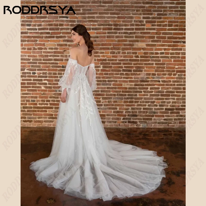 RODDRSYA-Robe de Mariée Trapèze en Tulle, Tenue de Plage avec Fente Haute, Manches sulfBouffantes Robe de Mariée Trapèze en Tulle, Tenue de Plage avec Fente Haute, Manches sulfBouffantes Robe de Mariée Trapèze en Tulle