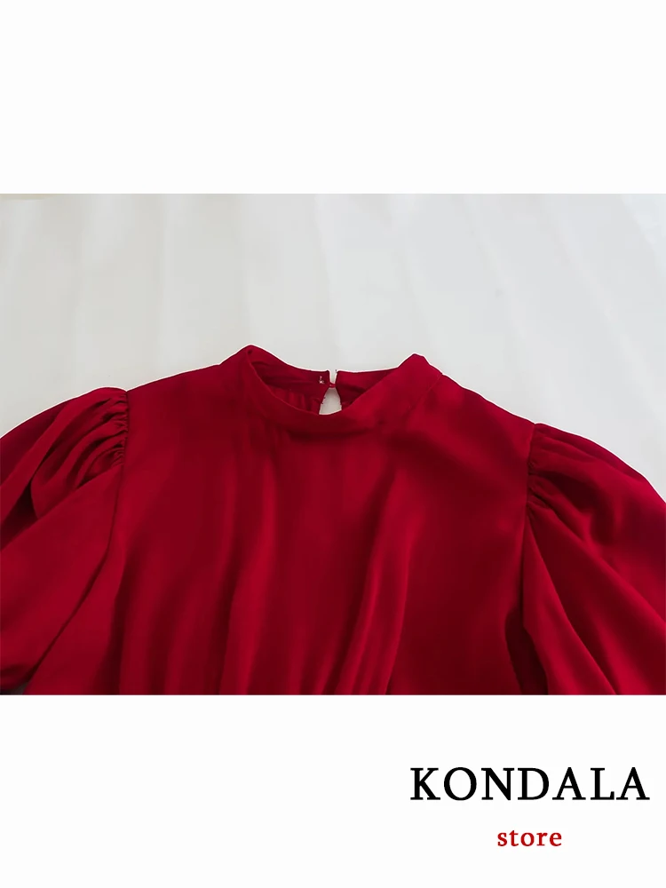 KONDALA Sexy Red Satin Hollow Out Midi Dress Women Short Puff Sleeve O Neck Ruffles Party Dress Fashion 2022 Elegant Vestidos