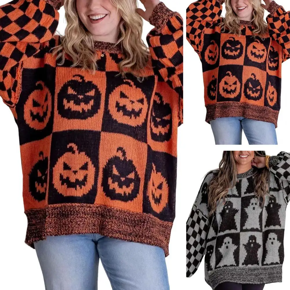 Autumn Sweater Spooky Pumpkin Ghost Plaid Sweater Oversized Crew Neck Halloween Knitwear Haunted Checkered Long Sleeve Pullover