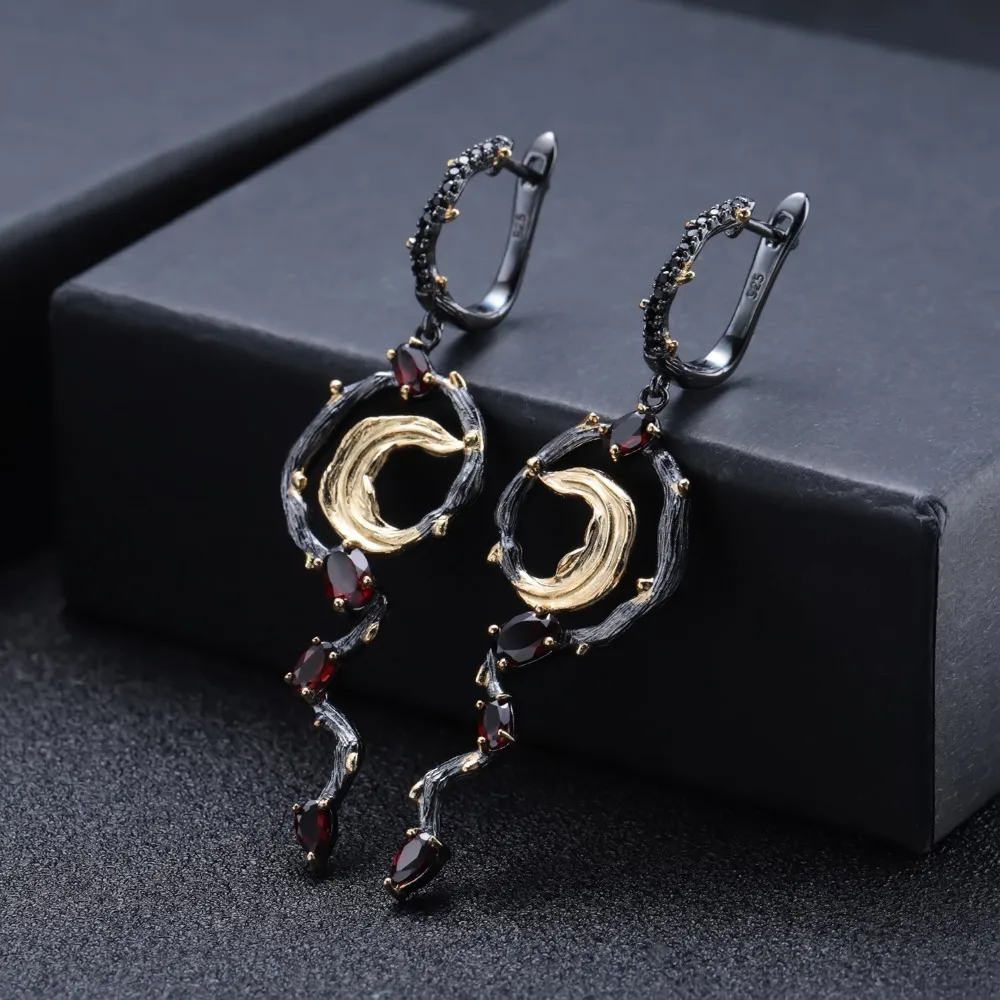 GEM'S BALLET 925 Sterling Silver 3.03Ct Natural Red Garnet Handmade Statement Vintage Drop Earrings For Women Fine Jewelry