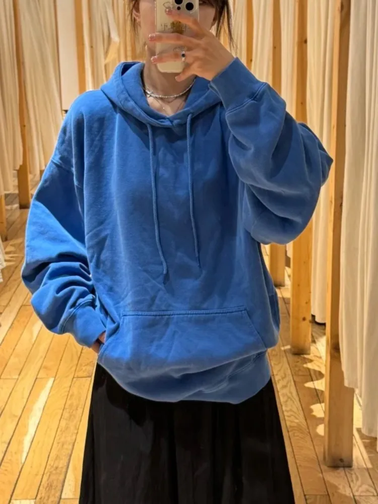 الكهربائية الأزرق فضفاض بلوزات المرأة الخريف نمط Preppy الدافئة القطن بلوزة كاجوال قمة الموضة شيك المعتاد Y2K هوديس جديد