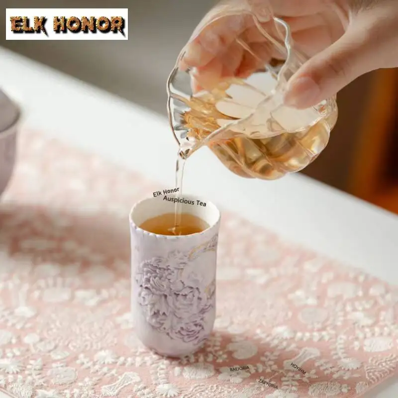 ZAEYORIA 2pc/lot Gold Drawing Purple Ceramic Teacup Tea Bowl Tea-tasting Fragrance Cup Chazhan Master Cups Tea Ceremony 45ml