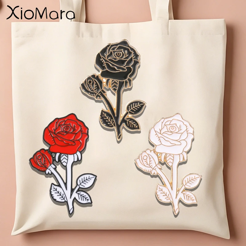Cute Rose Flower Enamel Pins Retro Floral Plant Black Red White Rose Brooches Lapel Backpack Badge Fashion Jewelry Gifts