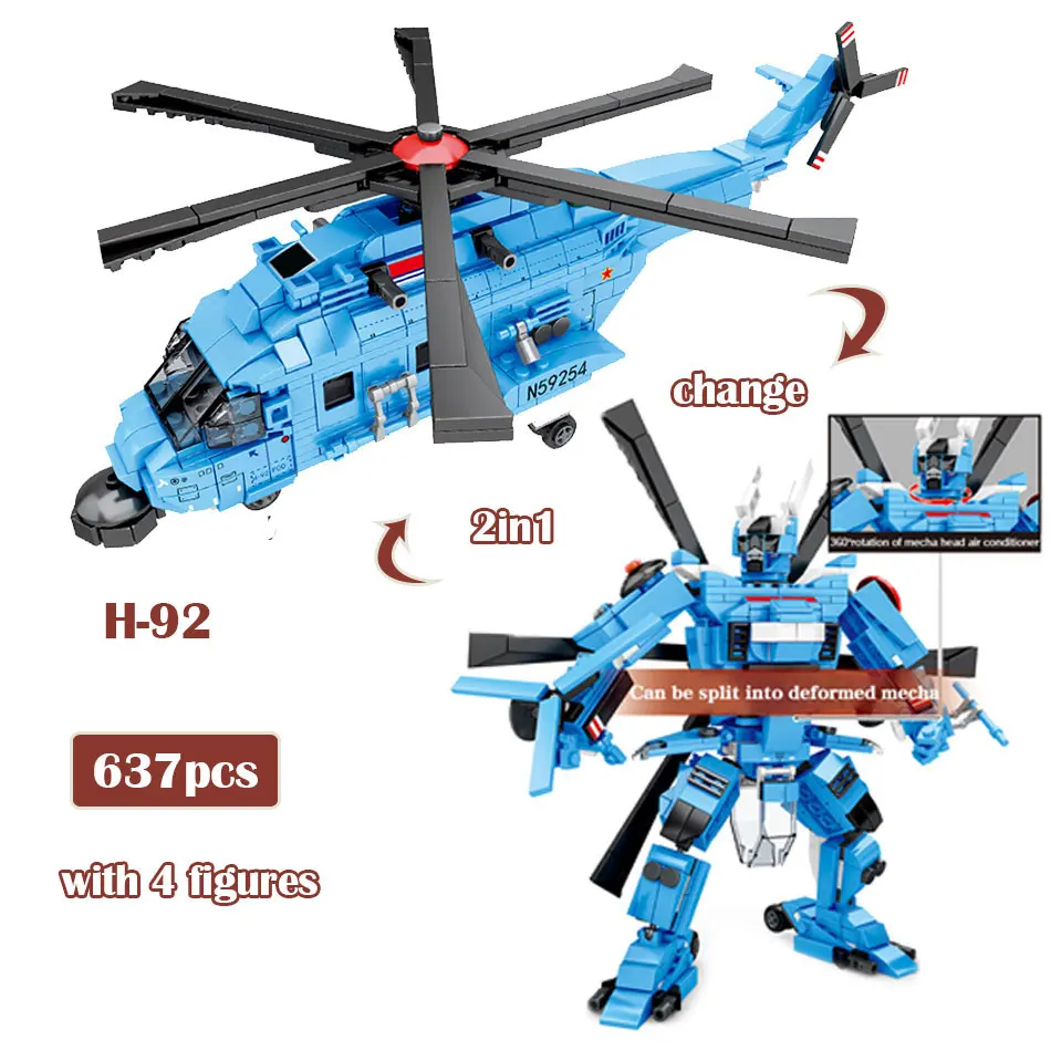 637Pcs H-92 Superhawk Helicopter Building Blocks Airplane Bricks Military Army WW2 Soldier Weapon Model Children Boy Gift Toys