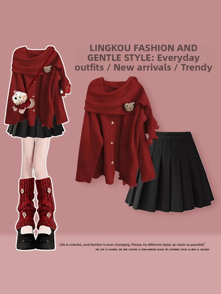 

Christmas Red plus Size Knitted Sweater And Pleated Skirt Set Women's College Style Fashionable Slimming Autumn Winter O...