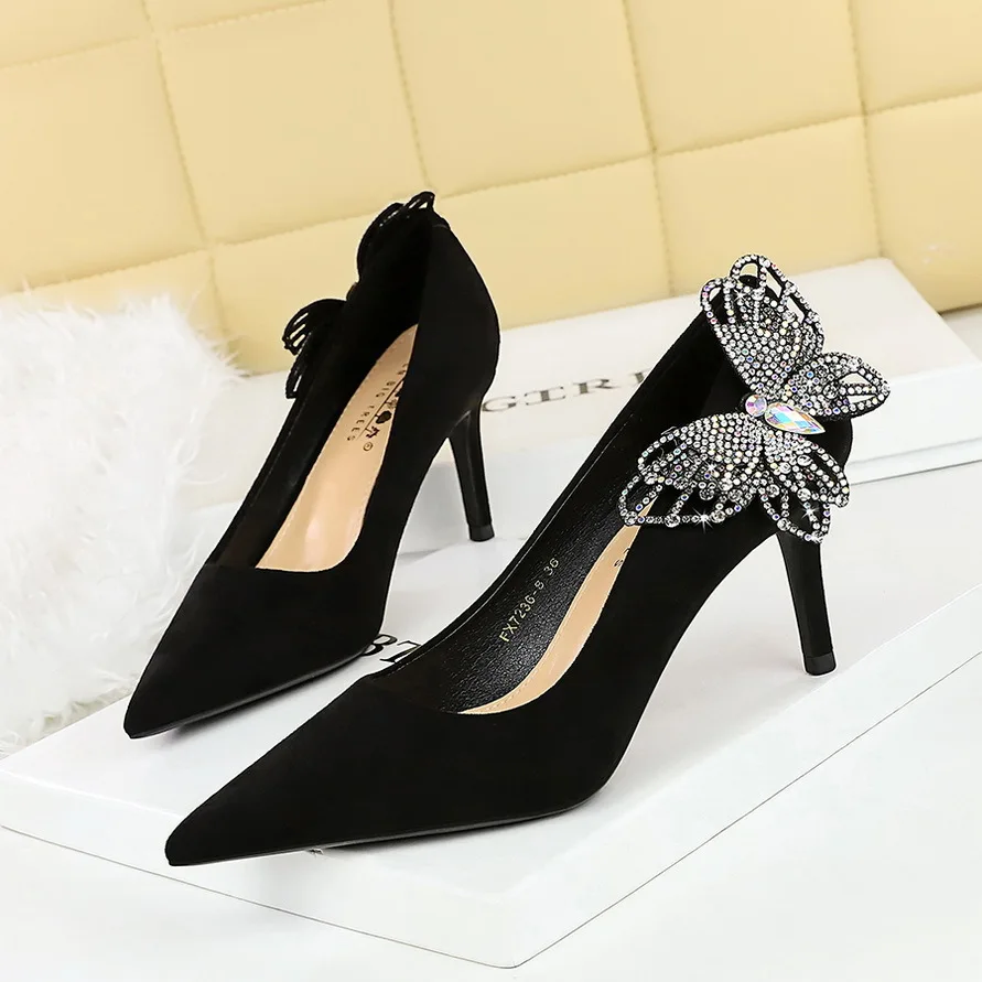 

Stiletto Heels Shoes for Women European American Banquet Side Butterfly Rhinestone High Heels Shallow Mouth Suede Single Shoes