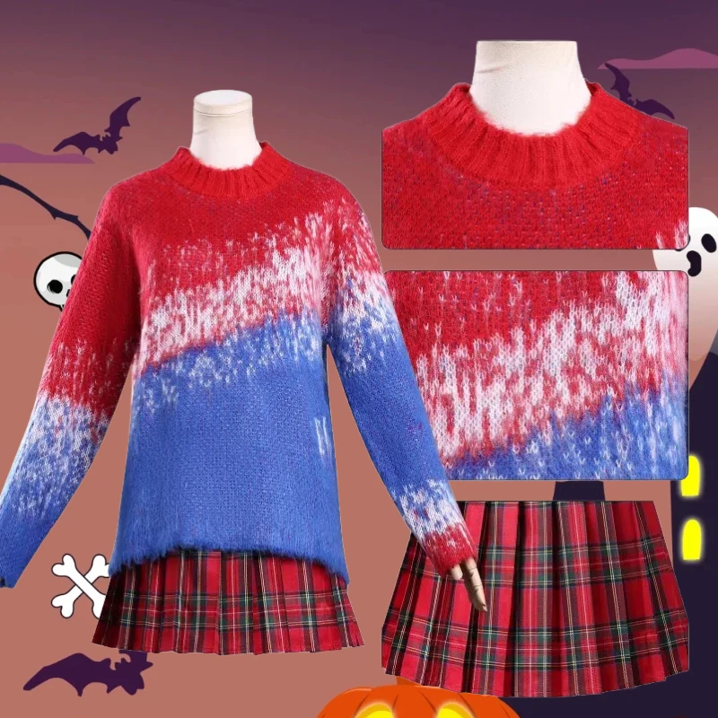 

Horror Film Cosplay Red Gradient Sweater Checkered Skirt Pants Black Long Wig Full Set Addams for Women Halloween Theme Party