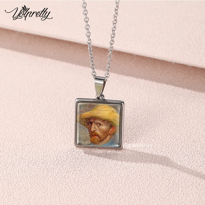 2023 New Van Gogh Starry Night Art Paintings Square Stainless Steel Necklace Glass Cabochon Pendants Necklace Jewelry