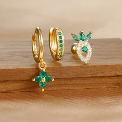 3PCS Stainless Steel Zircon Flower Pendant Earrings Set For Women 2024 Trending Green Cartilage Hoop Earrings Piercing Jewelry