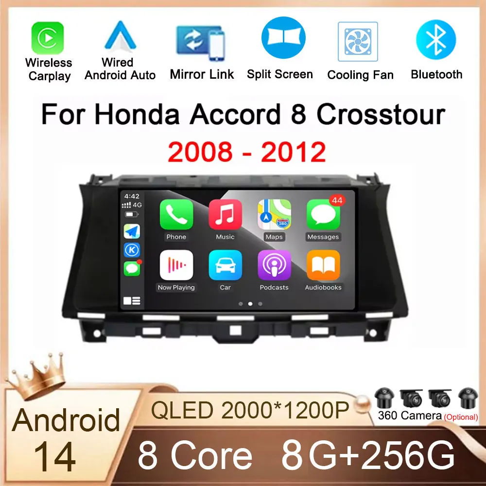 

QLED Android 14 Auto CarPlay For Honda Accord 8 Crosstour 2008 - 2012 Navigation GPS BT Car Radio Multimedia Video Player Stereo