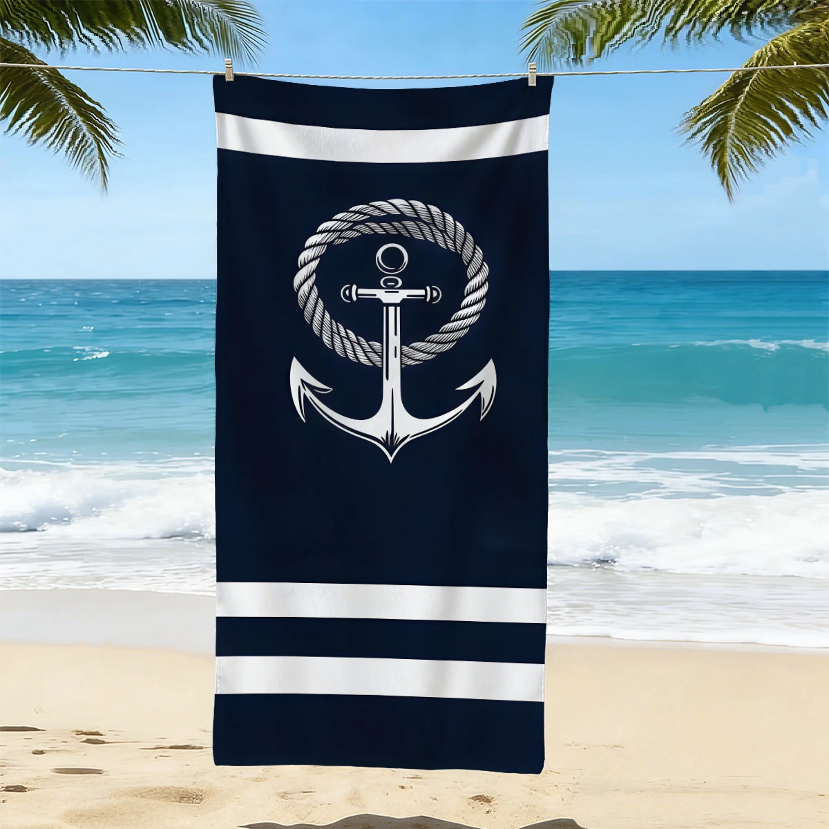 1 Stück Strandtuch mit Segelwind-Anker-Motiv, saugfähiges und schnell trocknendes Handtuch, Strandtuch aus ultrafeiner Faser zum Schwimmen
