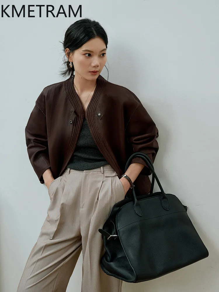 

KMETRAM Real Sheepskin Leather Jacket Woman Retro Coffee Short Coat Premium Genuine Leather Jackets Fall Women Clothes 2026 가죽자켓