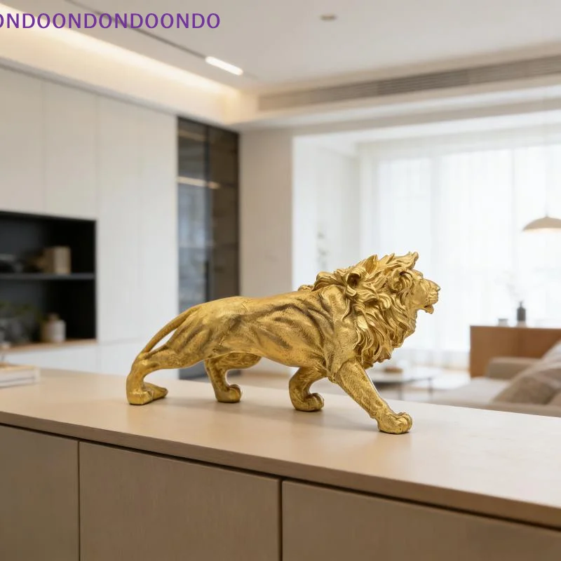 Regal Gold Lion Sculpture Resin Animal Figurine for Sophisticated Bedroom Home Ambiance