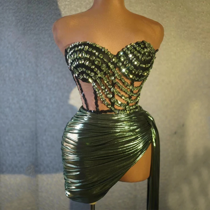 Sexy Stretch Green Rhinestones Dress Pole Dance Dress Women Drag Queen Costumes Stage Rave Outfit Bar Ds Dj Gogo Wear XS8227