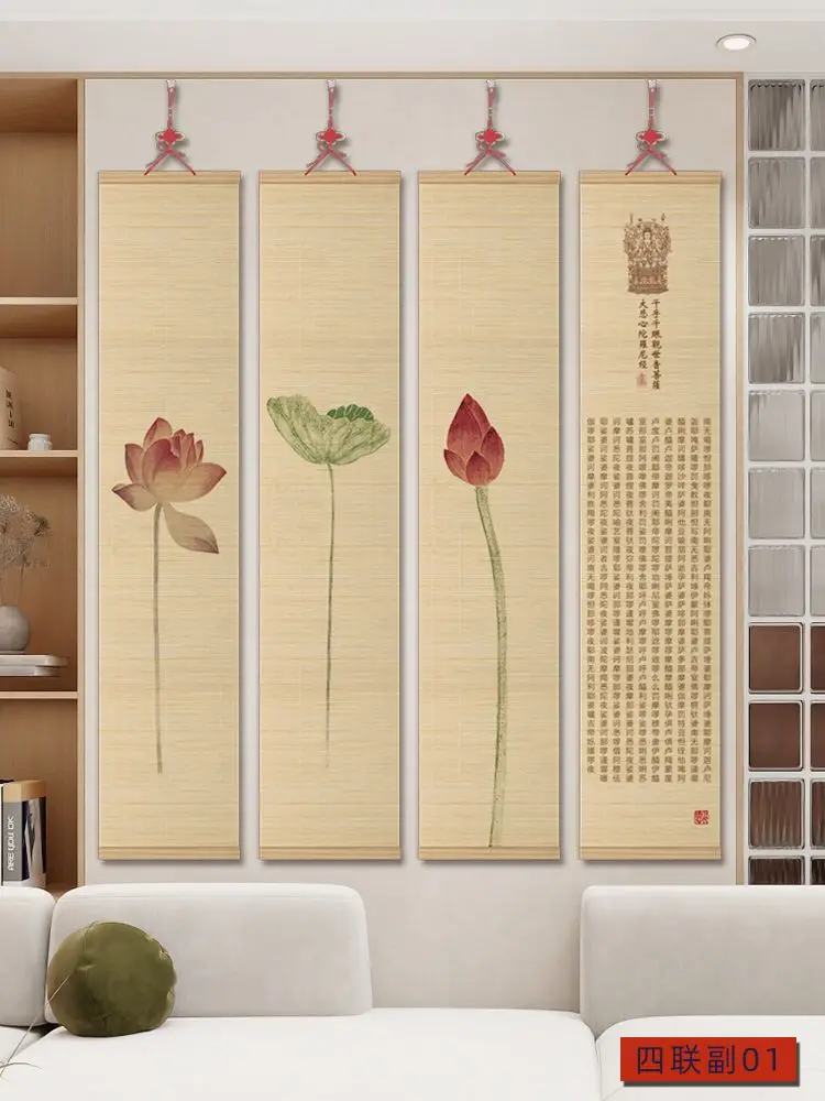 زن لوتس الخيزران التمرير نسيج الجدار شنقا - BnB ديكور الغرفة الصينية الجمالية لغرفة المعيشة، ديكور الحائط مع زنبق الماء #5