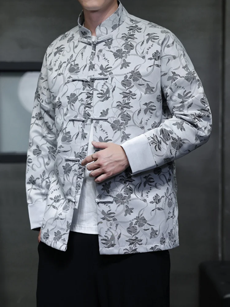 

Ele Chinese Sle Men's Jaet with Stand Collar And Embroidered Button Loose Fit Breathable Long Sve for Spring