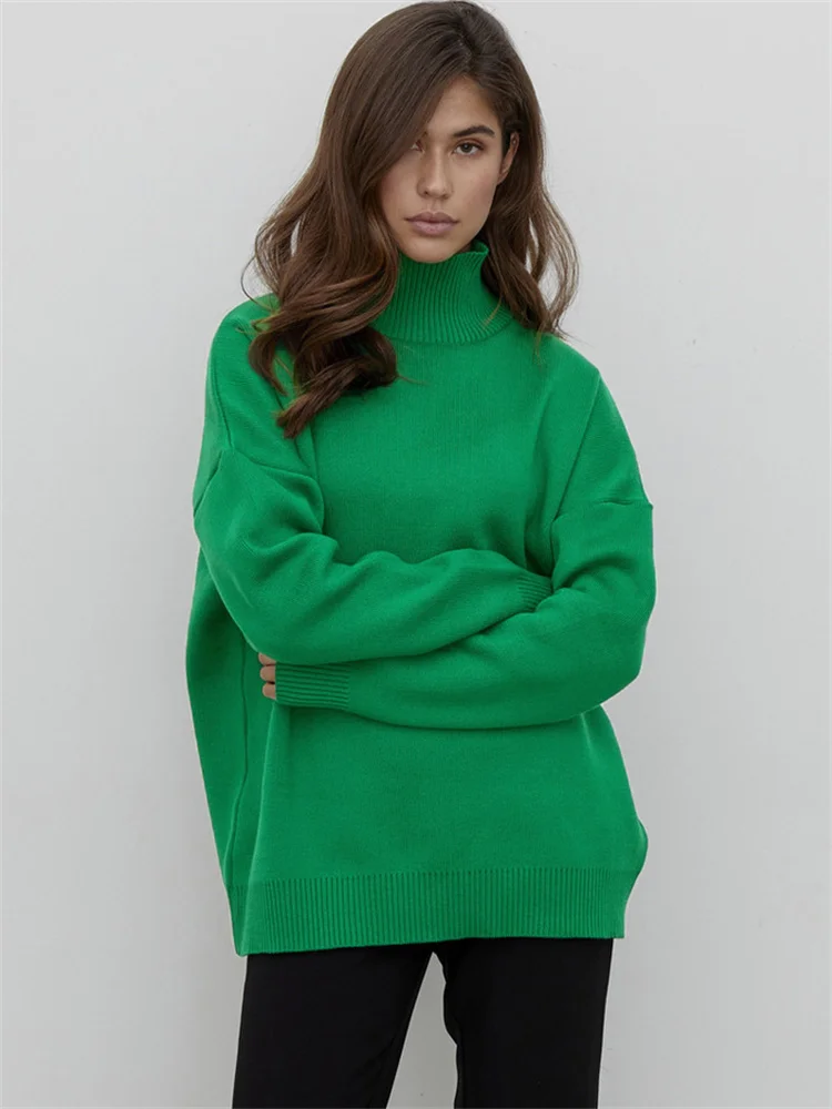 Women Knitted Turtleneck Loose Sweater Pullovers Tops Long Sleeve Female Jumper Autumn Winter Streetwear Thick Baggy Sweaters