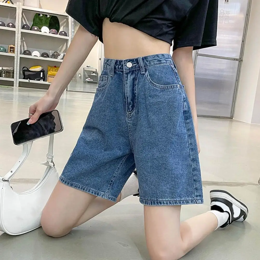 Women Knee Length Jeans Straight High Waist Zipper Button Closure Retro Pockets Loose Lady Denim Shorts Casual Short Pants