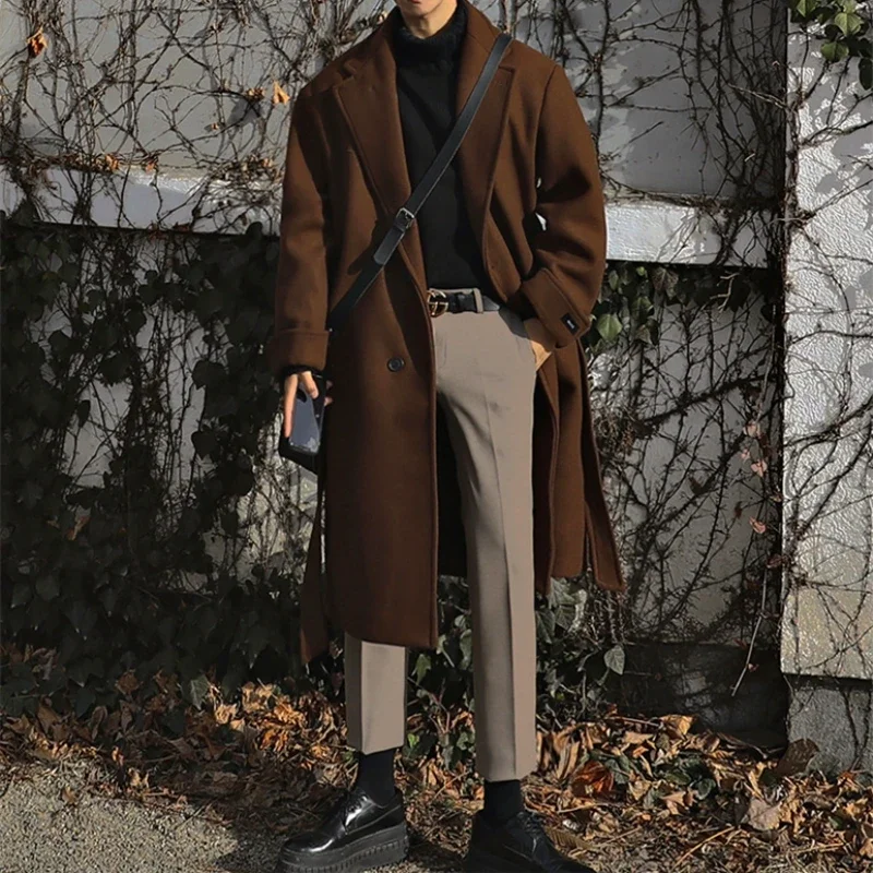 YASUGUOJI Korean Fashion Single Breasted Long Coat Men Thicken Warm Wool Coat Mens Winter Trench Coat with Belt Manteau Homme