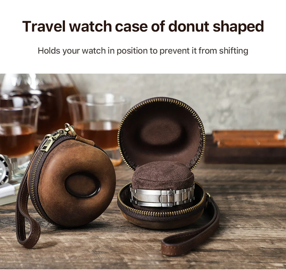 CONTACTS FAMILY Tragbares Reise-Einzeluhrengehäuse aus echtem Leder mit Reißverschluss, Aufbewahrungsbox für Uhren, Münztüte, Smartwatch-Box – Detail 7