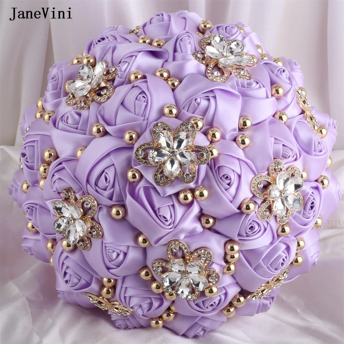 

JaneVini Bling Золотые украшения с бриллиантами, свадебная брошь, букеты, светло-фиолетовые свадебные цветы, атласные розы ручной работы, букет Fleurs Luxe