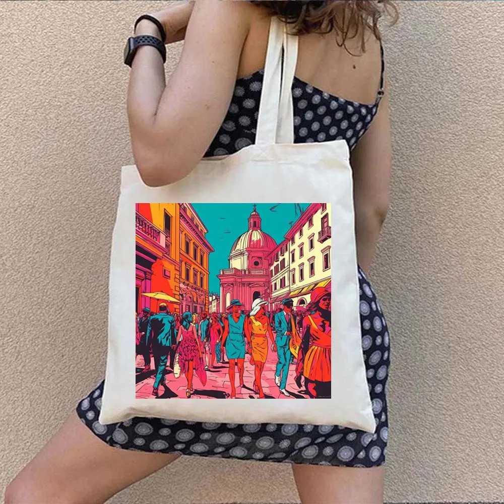 Neon Pop Places Brazil Italy Tokyo London Paris Harajuku Canvas Tote Bag Foldable Shoulder Bag Women\'s Shopping Shopper Handbags