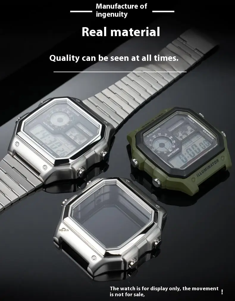 Für Casio 3299 AE-1200WH Uhrengehäuse, modifiziertes AE1200 Edelstahl-Uhrengehäuse, Metallgehäuse mit wasserdichtem Ring, Schwarz und Silber – Detail 1