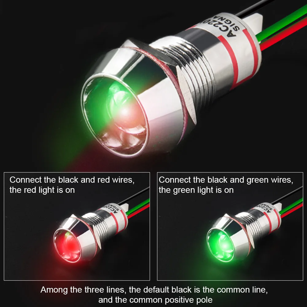 Two Color LED Waterproof Metal Indicator Light Signal Lamp With Wire 3V 6V 12V 24V 220V Green Red 8mm 10mm 12mm 14mm 16mm IP65