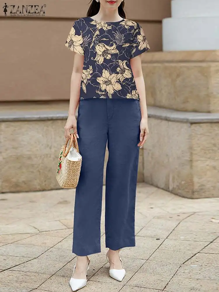 ZANZEA Elegant Floral Print Short Sleeve Top Casual Pant Sets Women Summer Solid Straight Pant 2pcs Outfit Commute Trouser Suits