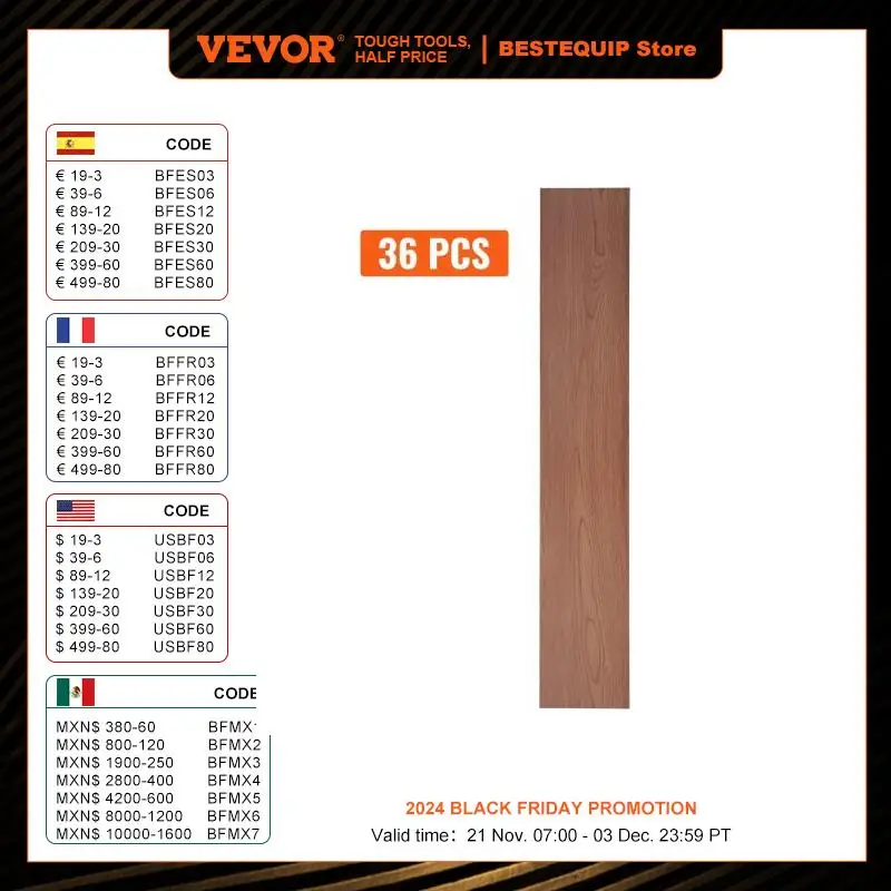 VEVOR Self Adhesive Vinyl Floor Tiles 36 x 6 inch 2.5mm Thick Peel & Stick Deep Brown Wood Grain DIY Flooring for Home Decor