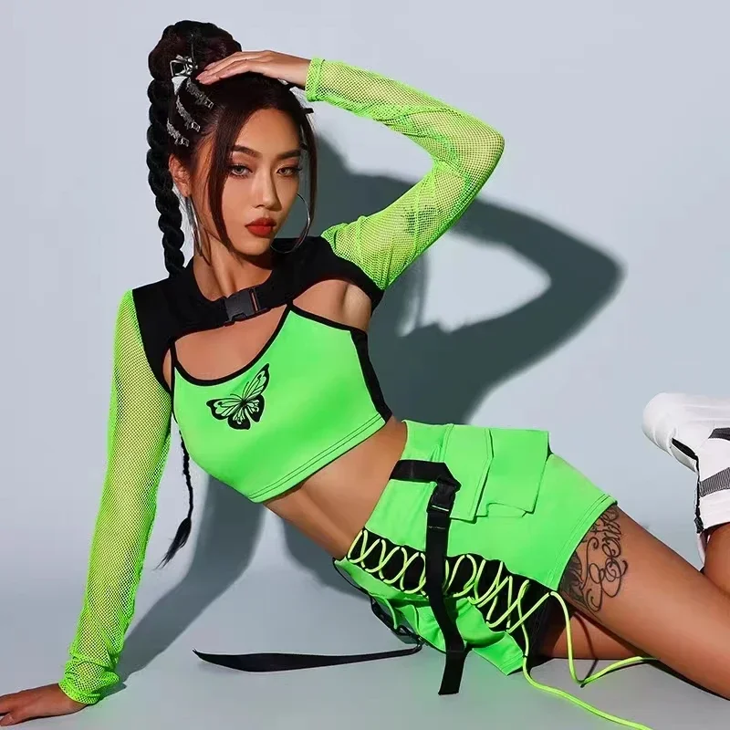 Nieuwe Kpop Jazzdans Outfit Fluorescerend Groen HipHop Kleding Nachtclub Gogo Danser Stadiumkostuum Volwassen Cheerleading Kleding