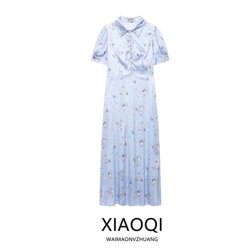 Summer 2026 Long Printed Dress with Button Short Sleeve Turn-down Collar Women's Fashion City Commute Casual Bubble Sleeve