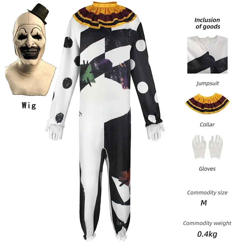 

Костюмы для вечеринки на Хэллоуин Art The Terrifier, карнавальный костюм, боди ужасов, клоун, маска, полный костюм для мужчин, Adulta;k6;8',