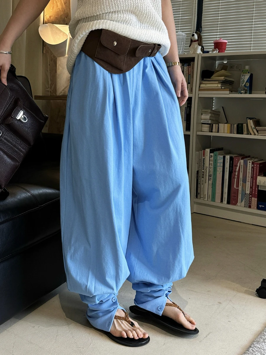 TWOTWINSTYLE Vintage Loose Spliced Shirring Minimalist Pants for Women High Waist Patchwork Buttons Design Sense Pant Female New